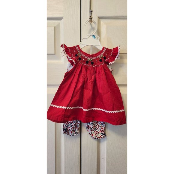 New Baby Girl Hartstrings Smocked Ric Rac Red Cherry Floral Top Pants Set 6/9 M - Picture 1 of 7